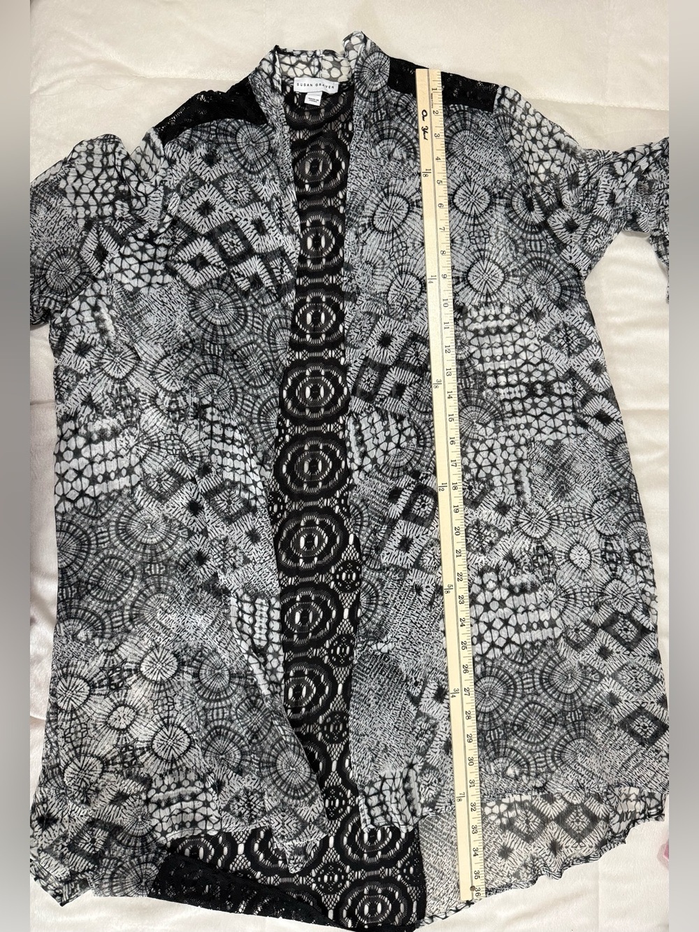 Susan Graver Black White Lace Panel Kimono Cardigan XL Open Front Boho - Picture 6 of 6